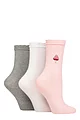 Women's 3 Pair SOCKSHOP Wildfeet Mid Length Frill Top Embroidered Socks - Mushroom