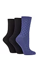 Women's 3 Pair SOCKSHOP Patterned Plain and Striped Bamboo Socks - Black / Navy / Denim Textured