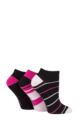 Ladies 3 Pair SOCKSHOP Striped, Plain, Ribbed and Mesh Bamboo Trainer Socks - Black / Pink