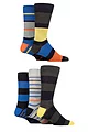 Mens 5 Pair SOCKSHOP Plain, Striped and Patterned Bamboo Socks - Striped Navy Bright