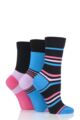 Ladies 3 Pair SOCKSHOP Gentle Bamboo Socks with Smooth Toe Seams in Plains and Stripes - Black / Bubblegum