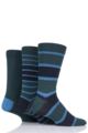 Mens 3 Pair SOCKSHOP Comfort Cuff Gentle Bamboo Striped Socks with Smooth Toe Seams - Navy / Green