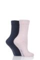 Ladies 2 Pair SOCKSHOP Wool Mix Striped and Plain Boot Socks - Frost Pink