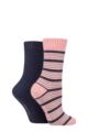 Ladies 2 Pair SOCKSHOP Wool Mix Striped and Plain Boot Socks - Wild Rose Striped