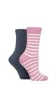 Ladies 2 Pair SOCKSHOP Wool Mix Striped and Plain Boot Socks - Smokey Pink Striped