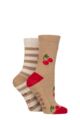 Women's 2 Pair SOCKSHOP Wildfeet Embroidered Cosy Lounge Socks - Cherry Stripe