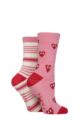 Women's 2 Pair SOCKSHOP Wildfeet Embroidered Cosy Lounge Socks - Hearts and Stripes