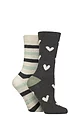 Women's 2 Pair SOCKSHOP Wildfeet Embroidered Cosy Lounge Socks - Forest Green Hearts