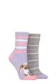 Ladies 2 Pair SOCKSHOP Wildfeet Cosy Lounge Socks with Anti-Slip Grips - Rabbit and Stripes