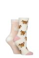 Women's 2 Pair SOCKSHOP Wildfeet Embroidered Cosy Lounge Socks - Highland Cow