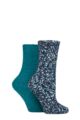 Ladies 2 Pair SOCKSHOP Wildfeet Popcorn Cosy Lounge Socks - Navy / Teal