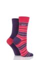 Ladies 2 Pair Elle Bamboo Striped and Plain Socks - Winter Berry