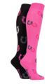 Ladies 2 Pair Storm Bloc Equestrian Cotton Patterned Knee High Socks - Black / Pink