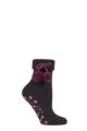 Ladies 1 Pair Elle Wool Mix Slipper Socks with Pompoms - Black / Purple