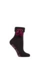 Ladies 1 Pair Elle Wool Mix Slipper Socks with Pompoms - Black / Purples