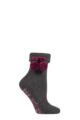 Ladies 1 Pair Elle Wool Mix Slipper Socks with Pompoms - Charcoal / Purple