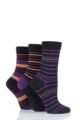 Ladies 3 Pair SOCKSHOP Gentle Bamboo Socks with Smooth Toe Seams in Plains and Stripes - Black Pansy