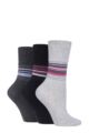 Ladies 3 Pair Gentle Grip Cotton Patterned and Striped Socks - Stripes Black / Charcoal