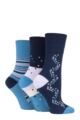 Ladies 3 Pair Gentle Grip Patterned and Striped Socks - New Dawn Blue
