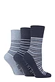 Women's 3 Pair Gentle Grip Cotton Patterned and Striped Socks - Varied Stripe Navy / Denim