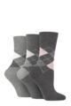 Ladies 3 Pair Gentle Grip Argyle Patterned Cotton Socks - Argyle Charcoal / Grey