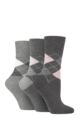 Women's 3 Pair Gentle Grip Argyle Patterned Cotton Socks - Argyle Charcoal / Grey