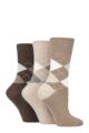 Ladies 3 Pair Gentle Grip Argyle Patterned Cotton Socks - Argyle Brown / Neutral