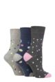 Ladies 3 Pair Gentle Grip Cotton Patterned and Striped Socks - Speckled Teal / Grey