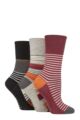 Ladies 3 Pair Gentle Grip Cotton Patterned and Striped Socks - Sedimentary Stripe Burgundy / Black / Grey