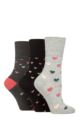 Ladies 3 Pair Gentle Grip Cotton Patterned and Striped Socks - Queen of Hearts Charcoal Melange