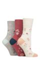Ladies 3 Pair Gentle Grip Cotton Patterned and Striped Socks - Floral Memoir Coral / Cream / Grey