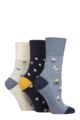 Ladies 3 Pair Gentle Grip Cotton Patterned and Striped Socks - Daisies / Butterflies