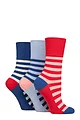 Women's 3 Pair Gentle Grip Cotton Patterned and Striped Socks - Joie Red / Blue / Lilac