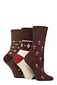 Women's 3 Pair Gentle Grip Cotton Patterned and Striped Socks - Fairisle Fancy Cream / Chocolate