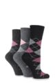 Ladies 3 Pair Gentle Grip Argyle Patterned Cotton Socks - Black / Grey