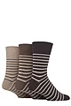 Mens 3 Pair Gentle Grip Cotton Argyle Patterned and Striped Socks - Varied Stripe Brown / Natural