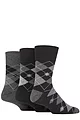 Mens 3 Pair Gentle Grip Argyle Cotton Socks - Argyle Black / Charcoal