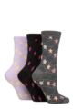 Ladies 3 Pair SOCKSHOP Wildfeet Textured Knit Cotton Socks - Stars / Lightning Bolt