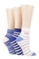 Ladies 3 Pair Elle Plain, Striped and Patterned Cotton Anklets with Hand Linked Toes - Blueberry Cream Stripe