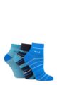 Ladies 3 Pair Elle Plain, Striped and Patterned Cotton Anklets with Hand Linked Toes - Blue Sky Stripe