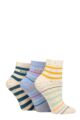 Ladies 3 Pair Elle Plain, Striped and Patterned Cotton Anklets with Smooth Toes - Bluebell Stripe