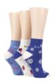 Ladies 3 Pair Elle Plain, Striped and Patterned Cotton Anklets with Hand Linked Toes - Ladybug Blue