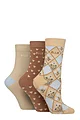 Women's 3 Pair Elle Plain, Striped and Patterned Cotton Socks with Smooth Toes - Classic Beige Patterned