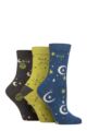 Ladies 3 Pair Elle Plain, Striped and Patterned Cotton Socks with Smooth Toes - Moonlight Blue Patterned