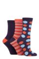 Ladies 3 Pair Elle Spotty and Stripe Feather Bamboo Socks - Navy / Rust