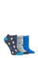 Ladies 3 Pair Elle Plain, Stripe and Patterned Cotton No-Show Socks - Ice Lolly Blue