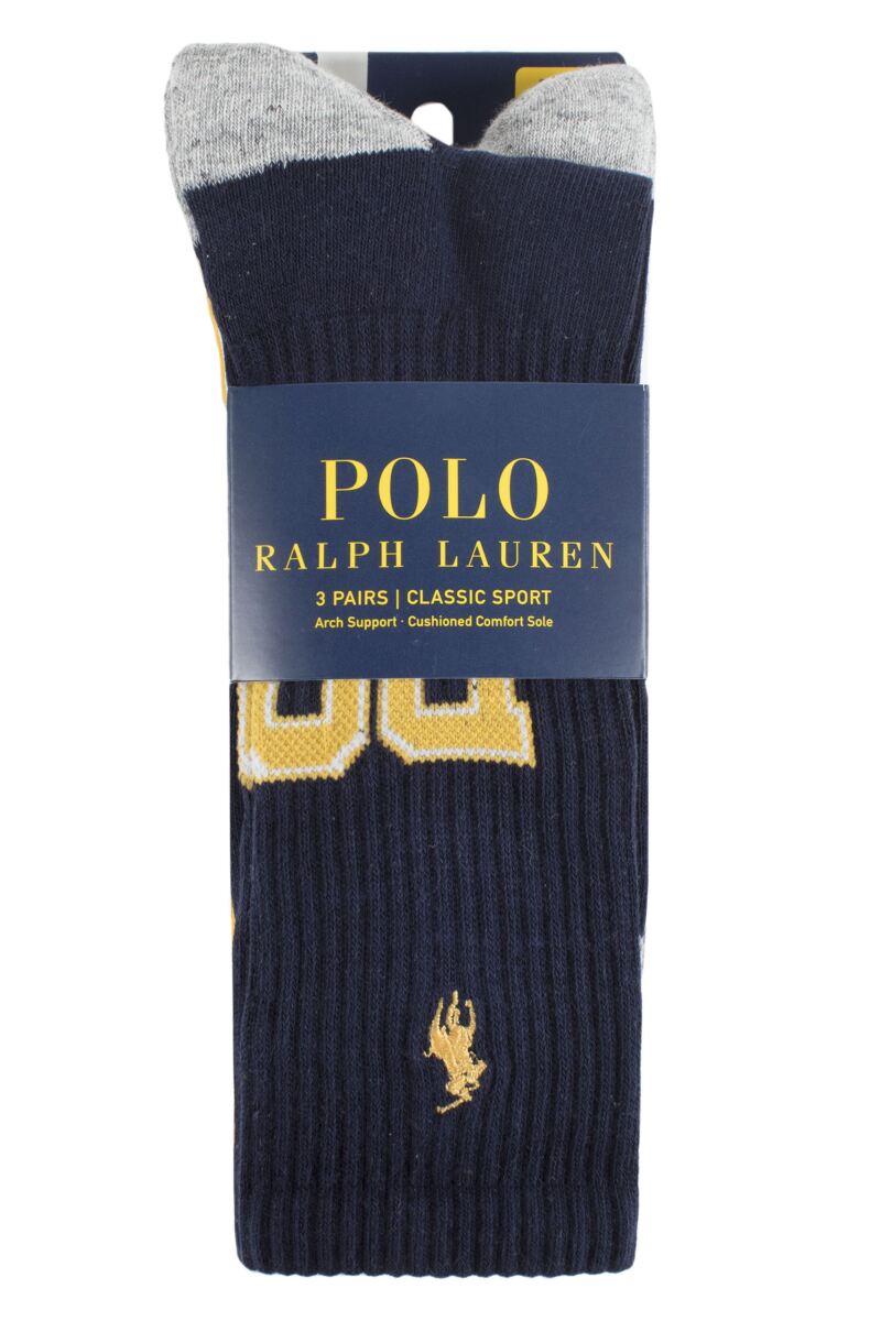 Mens 3 Pair Ralph Lauren Classic Sport Cushioned Arch Support Crew Socks