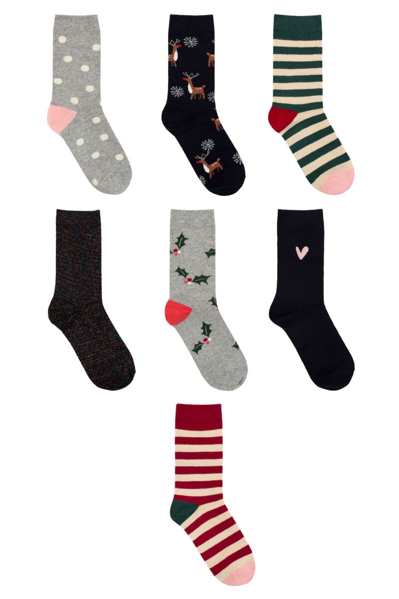 Ladies 7 Pair Caroline Gardner 7 Day Christmas Foliage Gift Cotton Boxed Socks