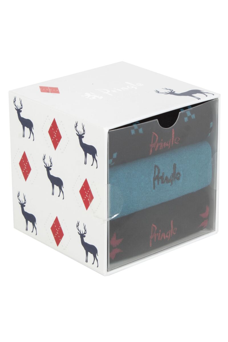 Mens 3 Pair Pringle Patterned and Plain Stag Cubed Cotton Gift Boxed