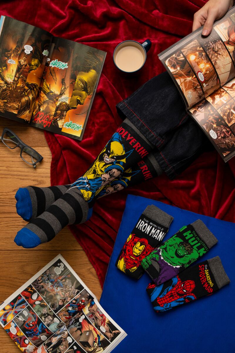 Mens SOCKSHOP Marvel Comics Mix Hulk, Spider-Man, Iron Man and Wolverine Socks